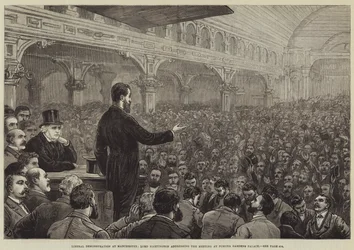 Liberale Demonstratie in Manchester, Lord Hartington spreekt de bijeenkomst toe in Pomona Gardens Palace