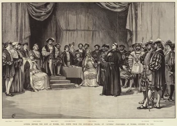 Luther voor de Rijksdag in Worms, 1521, scène uit het historische drama van Luther, uitgevoerd in Worms, 30 oktober 1883