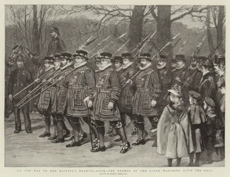 Op weg naar de ontvangstkamer van Hare Majesteit, de Yeomen of the Guard marcheren door de Mall