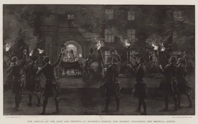 De Aankomst van de Tsaar en Tsarina bij Balmoral Kasteel, Hare Majesteit verwelkomt haar Keizerlijke Gasten