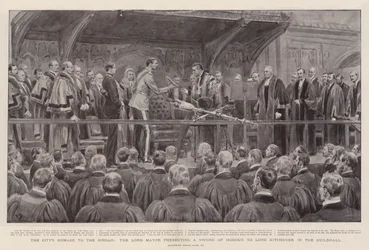 Het eerbetoon van de stad aan de Sirdar, de burgemeester die een erezwaard overhandigt aan Lord Kitchener in de Guildhall