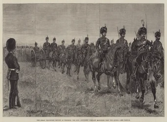 De grote vrijwilligersparade in Windsor, de Honourable Artillery Company marcheert langs de koningin