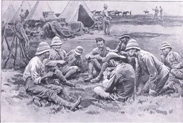 Vermoeide soldaten genieten van een rust, uit After Pretoria: The Guerilla War gepubliceerd door Harmsworth Bros Limited, 1901