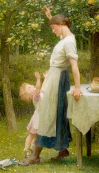 "Dochters van Eva Een klein meisje probeert een appel aan een tak te vangen. Aquarel door Frank Dicksee (1853-1928) 1925 Privécollectie