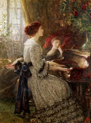 "Old Songs Twee vrouwen in een Victoriaans interieur uit de middenklasse, de een speelt piano terwijl de ander verlangend luistert vanuit een leunstoel. Schilderij van Frank Dicksee (1853-1928) Privécollectie
