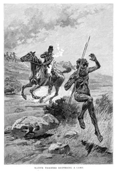 Inheemse troopers verspreiden een kamp, Australië, 1886