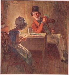De Markiezin houdt haar kaarten heel strak in beide handen, overweegt welke te spelen, c.1920
