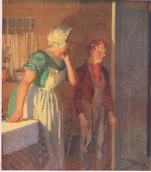 Het kind haastte zich naar de deur en verdween zo snel als ze was gekomen, ca. 1920