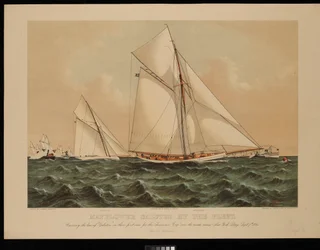 Mayflower begroet door de Vloot. Kruist de boeg van Galatea in haar eerste race voor de America