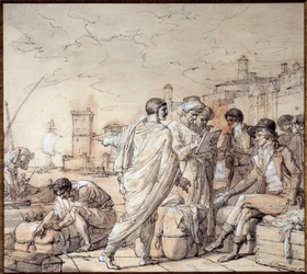 Kooplieden op de kades van de haven van Marseille Tekening door Francois Andre Vincent (1746-1816) 18e eeuw Marseille, museum van de Marine