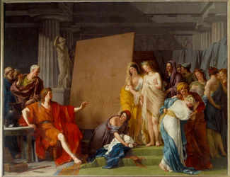 De schilder Zeuxis (of Zeuxippos, Griekse schilder, 464-398 v.Chr.) kiest de mooiste meisjes van Croton als modellen. Schilderij van François André Vincent (1746-1816). H. 3,2x4,1 m