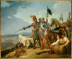 Godsdienstoorlogen: „Koning Hendrik IV brengt voedsel naar Parijs in augustus 1590”. Koning Hendrik IV (1553-1610) voorziet nabij Parijs tijdens het beleg van de stad in 1590 hongerige Parijzenaars van voedsel. Schilderij van François André Vincent
