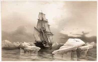 Korvet La Recherche bij Bereneiland op 7 augustus 1838, uit Voyages en Scandinavie, 1852