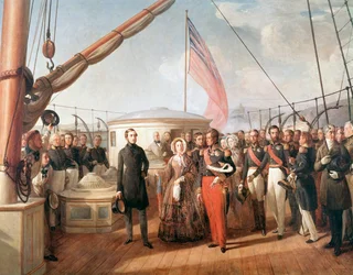 Interview tussen Victoria, Koningin van Engeland en Louis-Philipp, Koning van Frankrijk, aan boord van het jacht Victoria en Albert, voor de kust van Treport, 2 september 1843 (Detail Schilderij)