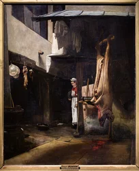 Het varken of het interieur van een werf met een gevild varken