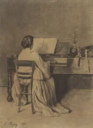 Vrouw aan de piano, op de rug gezien