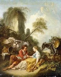Een pastoraal landschap met een herder en herderin zittend bij ruïnes