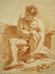 Een zittend naakt met een staf, links een reliëf met putti, 1738