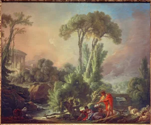 Rivierlandschap met antieke tempel