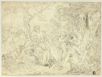 Herderinnen en jonge man die doedelzak speelt