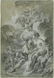 Venus leunend op haar geliefde Adonis