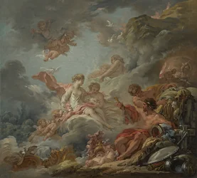 Vulcanus presenteert wapens aan Venus voor Aeneas