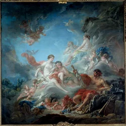 Vulcanus of Vulcanus smederij die Venus wapens presenteert voor Enee. Schilderij door Francois Boucher