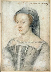 Portret van Diane de Poitiers, Hertogin van Valentinois (1499 - 1566). Tekening met zwarte steen en rood krijt door Francois Clouet (1515-1572)