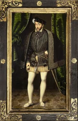 Portret van Hendrik II (1519-1559), zoon van Frans I en Claude van Frankrijk, koning van Frankrijk van 1547 tot 1559, schilderij van de werkplaats van Frans Clouet, gemaakt rond 1520-1572, verkleinde versie van het levensgrote portret door Frans Clouet. Fo