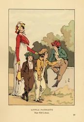 Jongens in jasjes en kniebroeken met Merveilleuse in Romeinse gewaad met muts en spencerjas. Kleine Patriotten, Jaar VIII
