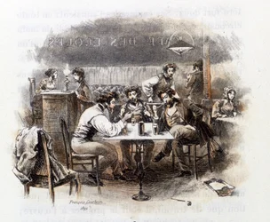 Discussie tussen studenten in een Parijs café. Illustratie van "Profiel van grisette" behorend tot de bundel "Mimi de Pinson" door Alfred de Musset