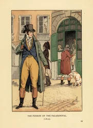 Modieuze heer voor de ingang van de Passage du Perron, Palais Royal. Hij draagt een hoed, das, jas, vest, kniebroek en laarzen. De Perron van het Palais Royal, Parijs