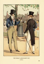 Modieuze heren met hoge hoed, rokkostuum en wandelstokken. Tijdens een grote racedag op de renbaan van Longchamp. Menigten modieuze mensen en rijtuigen. De grote dag van Longchamp