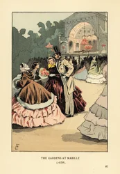 Modieuze mensen op het buitendansfeest, Bal Mabille. Vrouwen in brede crinolines en bontmantels, man in hoge hoed, jas en gestreepte broek. De avonddans in Jardin Mabille, Avenue Montaigne, werd gehouden van 1844 tot 1875. De tuinen van Mabille