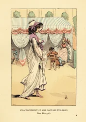 Modieuze vrouw die aankomt voor een afspraak in het Café des Tuileries, Parijs, Jaar VI