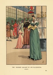 Modieuze vrouw winkelen in de Houten Galerij in het Palais Royal, Parijs