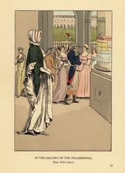 Modieuze vrouw wandelend door de galerij van het Palais Royal, Parijs, Jaar VIII