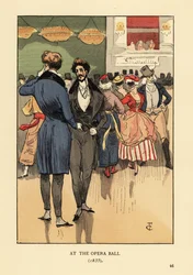 Fops in jas met staarten, vest, strakke broek en witte kousen. Mensen in kostuum en maskers achter hen. Op het Opera Bal 1835. Handgekleurde lithografie door R.V. naar een illustratie van Francois Courboin uit Octave Uzanne