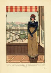 Vrouw bij raam met uitzicht op de Panoramas en de Passage des Panoramas, op Boulevard Montmartre, Parijs
