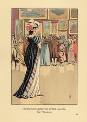 Vrouw in modieuze jurk bij de Schilderijententoonstelling in de Paris Salon, Academie des Beaux-Arts, Jaar VIII