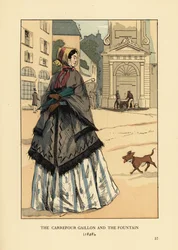 Vrouw voor de fontein op Place Gaillon, Parijs. Ze draagt een kasjmier sjaal met armsgaten genaamd la visite over haar crinoline. Het carrefour Gaillon en de fontein