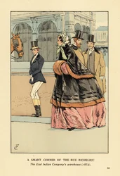 Vrouw in bontgevoerde cape en mof over een brede crinoline, met een andere vrouw in rijbroek. Een slimme hoek van de rue de Richelieu, het pakhuis van de Oost-Indische Compagnie, Parijs