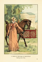 Vrouw in jachtkleding, hoed en sjaal leidt een paard in het Parc de Bagatelle, Bois de Boulogne, Parijs