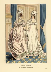 Vrouwen met veren hoofdtooien en luxueuze geborduurde jurken, hof van Koning Lodewijk XVIII, circa 1817. Interieur met blauwe gordijnen en fleur de lys tapijt. Hofjurken in de vroege Restauratie, Parijs. Handgekleurde lithografie door R.V. naar een illustr