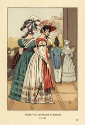 Vrouwen bekijken het grote stadsgezicht binnen het Boulogne Panorama, Boulevard Montmartre, Parijs