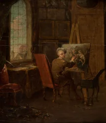 Zelfportret van de kunstenaar in zijn atelier, met een mahl-stok in de hand
