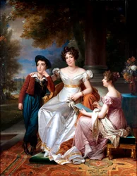 Frans: Portrait de la comtesse du Cayla avec ses enfants Ugoline et Ugolin sur la terrasse du château de Saint-Ouen Portret van de comtesse du Cayla en haar twee kinderen