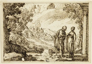 Ongeïdentificeerde mythologische scène met converserende man en vrouw in klassiek landschap