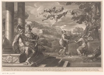 Zittende personificaties van Genie en Filosofie met nimfen die rozen planten