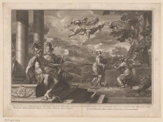 Zittende personificaties van Genie en Filosofie met nimfen die rozen planten